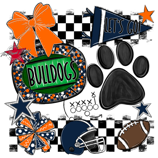 Bulldogs Checkers Mascot Spirit Design w Paw-Navy-Orange