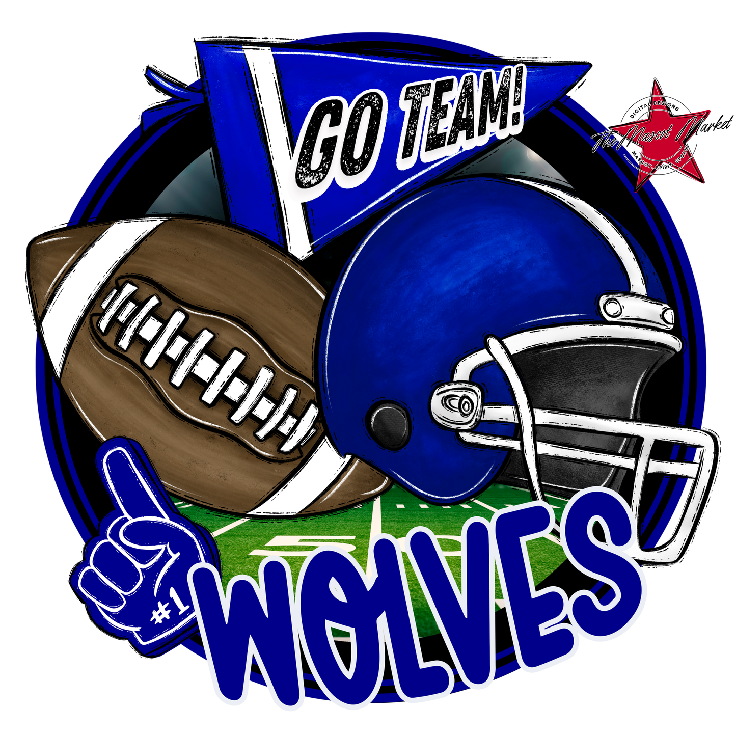 Wolves Circle Football Design-Blue