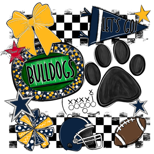Bulldogs Checkers Mascot Spirit Design w Paw-Navy-Yellow