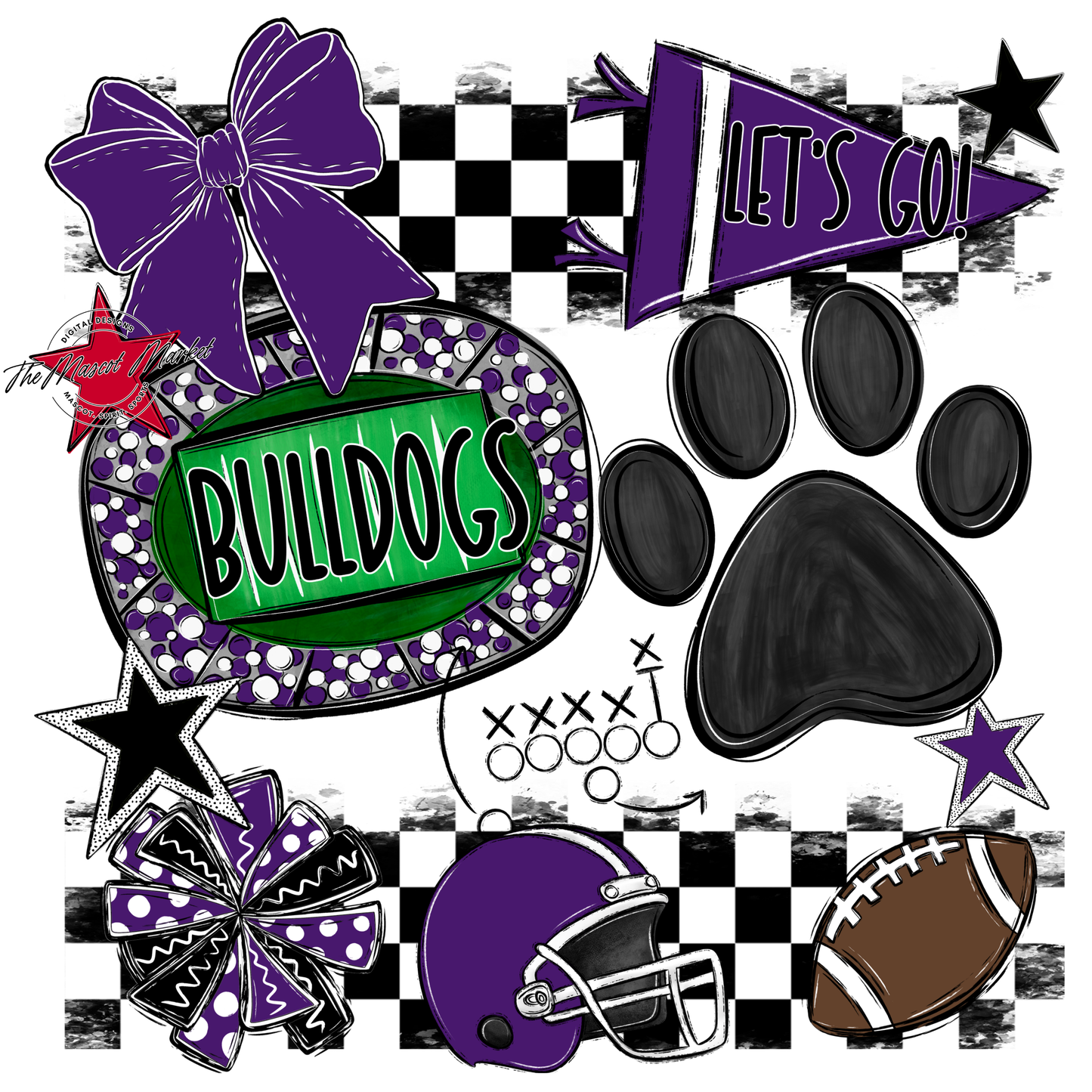 Bulldogs Checkers Mascot Spirit Design w Paw-Purple