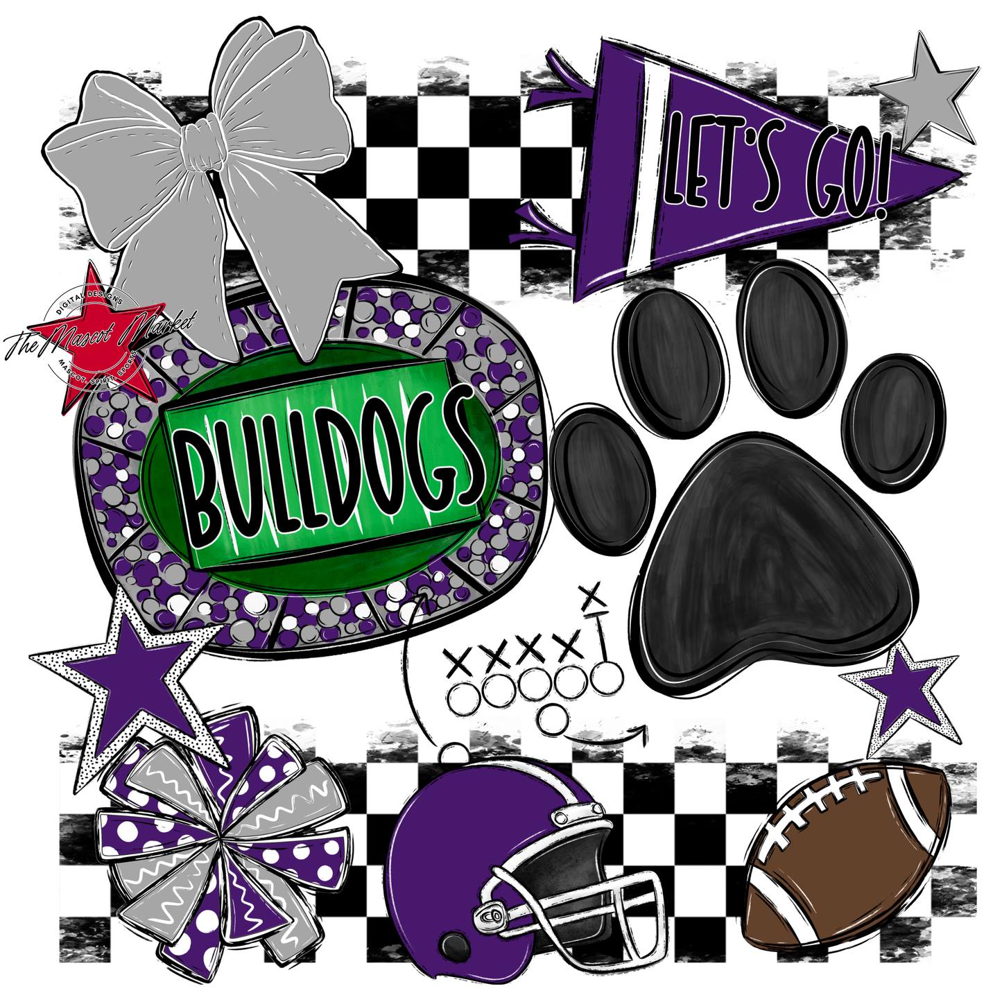 Bulldogs Checkers Mascot Spirit Design w Paw-Purple-Grey
