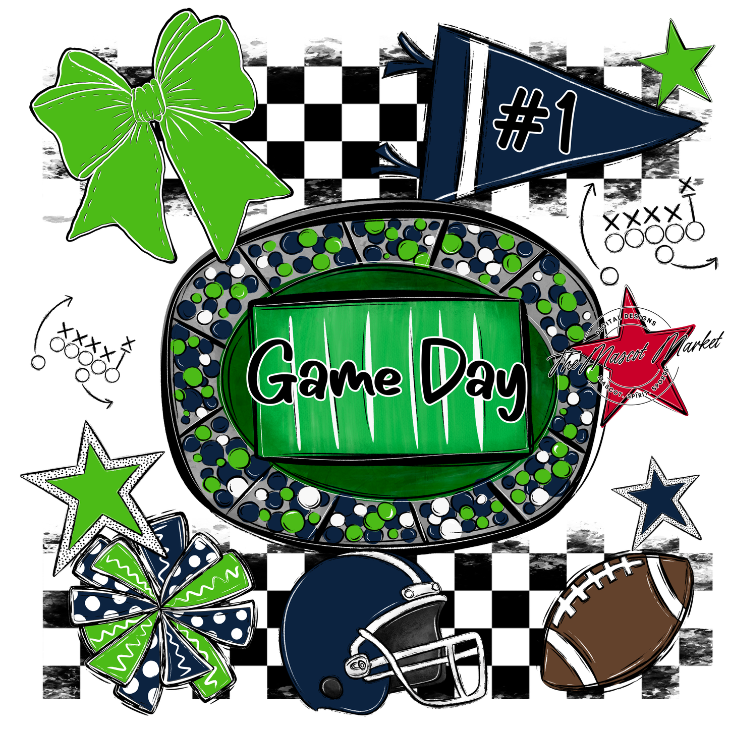 Game Day Checkers Spirit Design-Navy-Bright Green