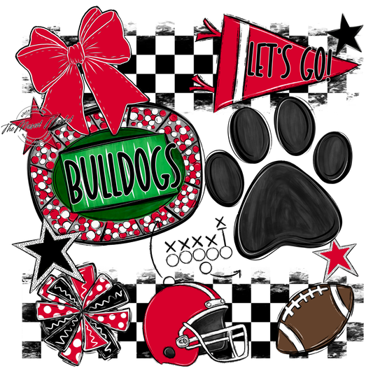Bulldogs Checkers Mascot Spirit Design w Paw-Red