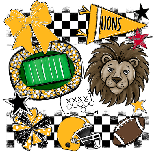Lions Checkers Mascot Spirit Design-Yellow