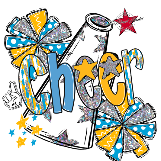 Cheer White Megaphone Scrape-Carolina Blue-Yellow