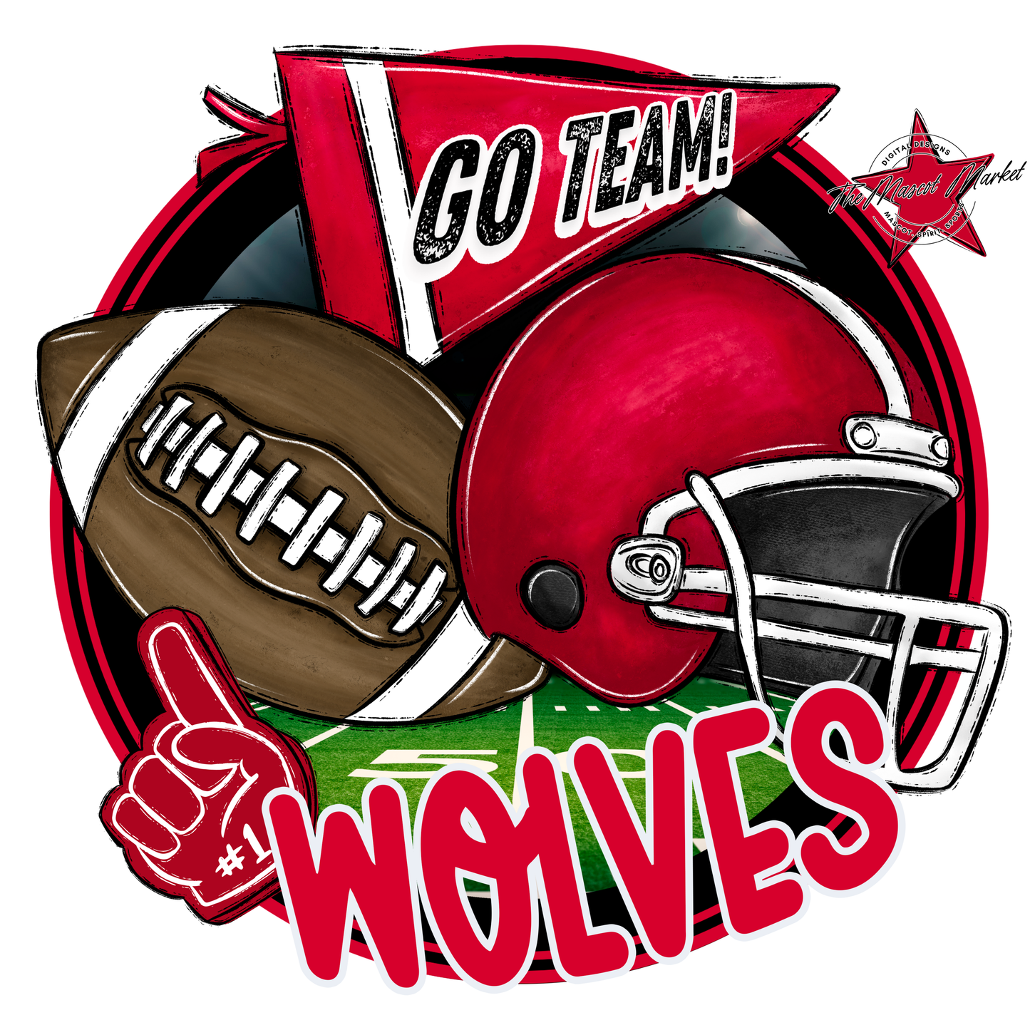 Wolves Circle Football Design-Red