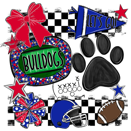 Bulldogs Checkers Mascot Spirit Design w Paw-Blue-Red