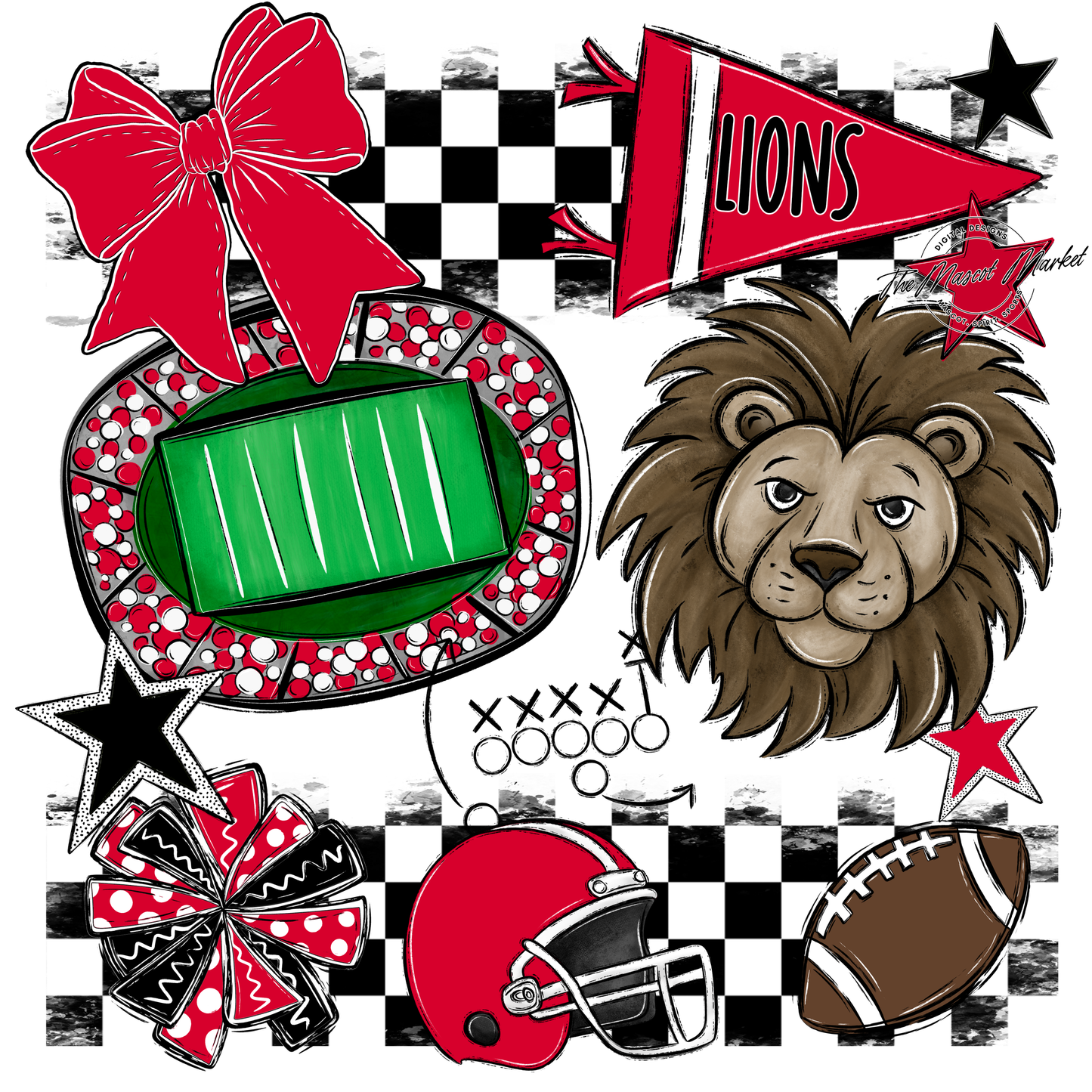 Lions Checkers Mascot Spirit Design-Red