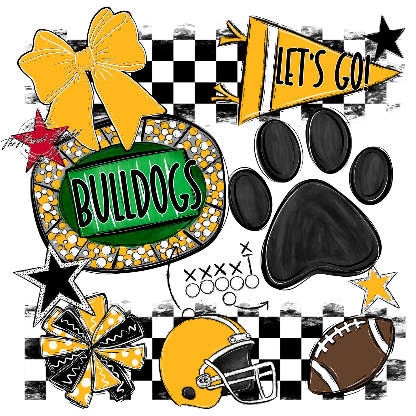 Bulldogs Checkers Mascot Spirit Design w Paw-Yellow