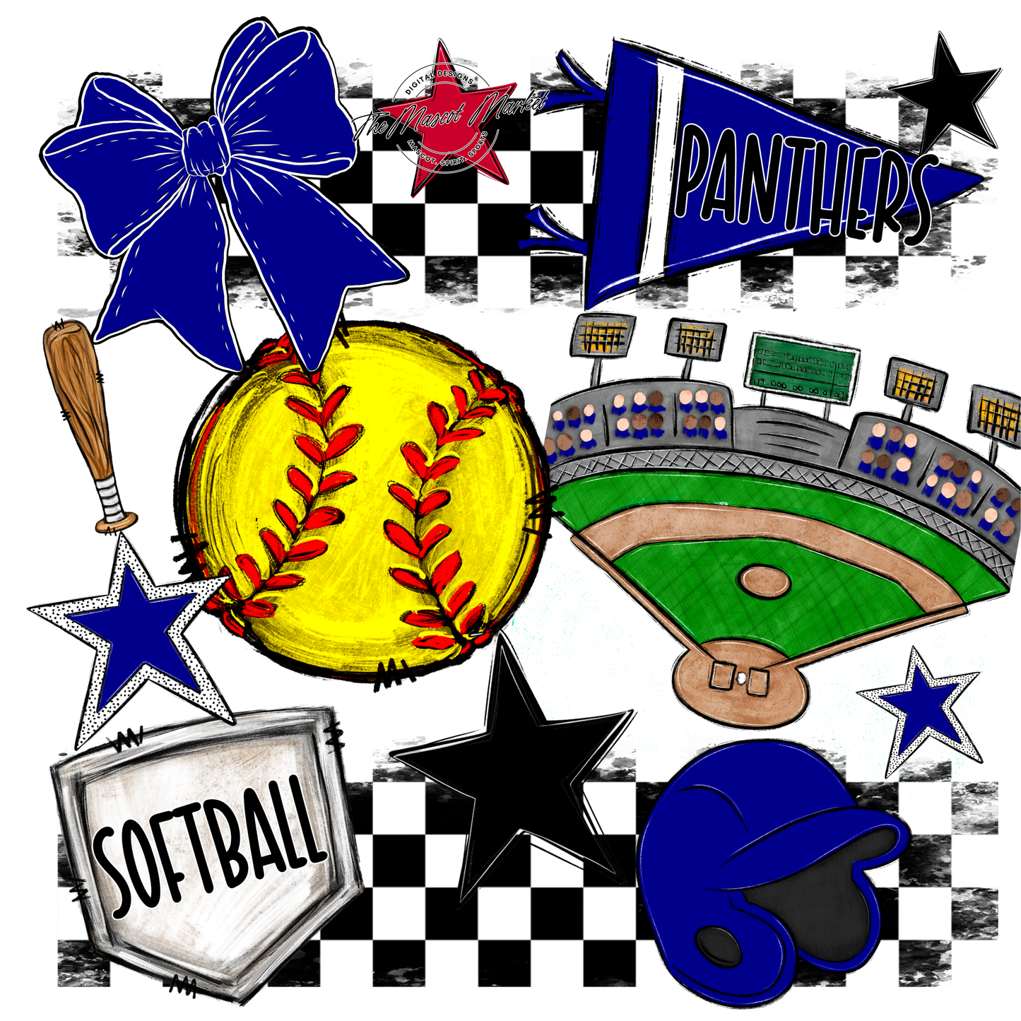 Panthers Checkers Softball Spirit Design-Blue