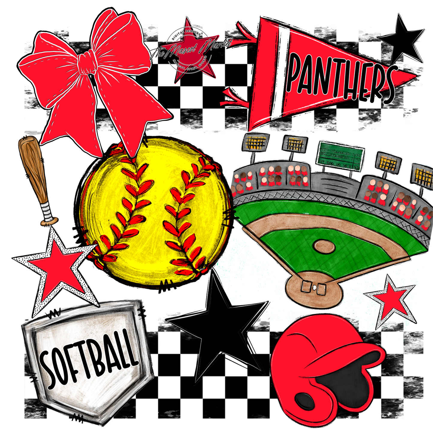 Panthers Checkers Softball Spirit Design-Bright Red