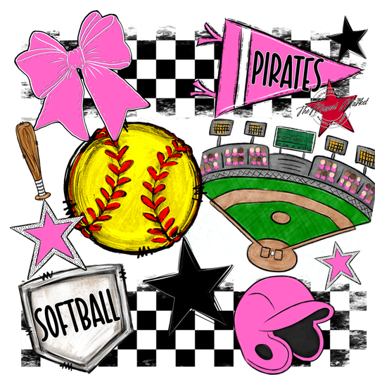 Pirates Checkers Softball Spirit Design-Baby Pink