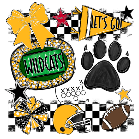Wildcats Checkers Mascot Spirit Design w Paw-Yellow