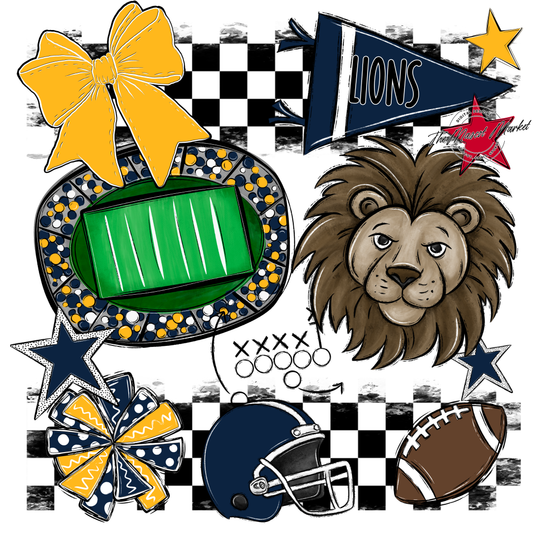 Lions Checkers Mascot Spirit Design-Navy-Yellow