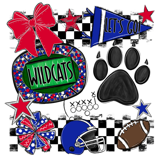 Wildcats Checkers Mascot Spirit Design w Paw-Royal Blue-Red