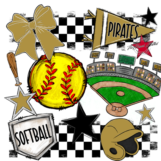 Pirates Checkers Softball Spirit Design-Gold