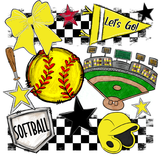 Softball Checkers Spirit Design-Bright Yellow