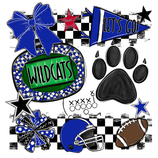 Wildcats Checkers Mascot Spirit Design w Paw-Royal Blue