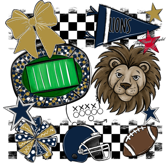 Lions Checkers Mascot Spirit Design-Navy-Gold