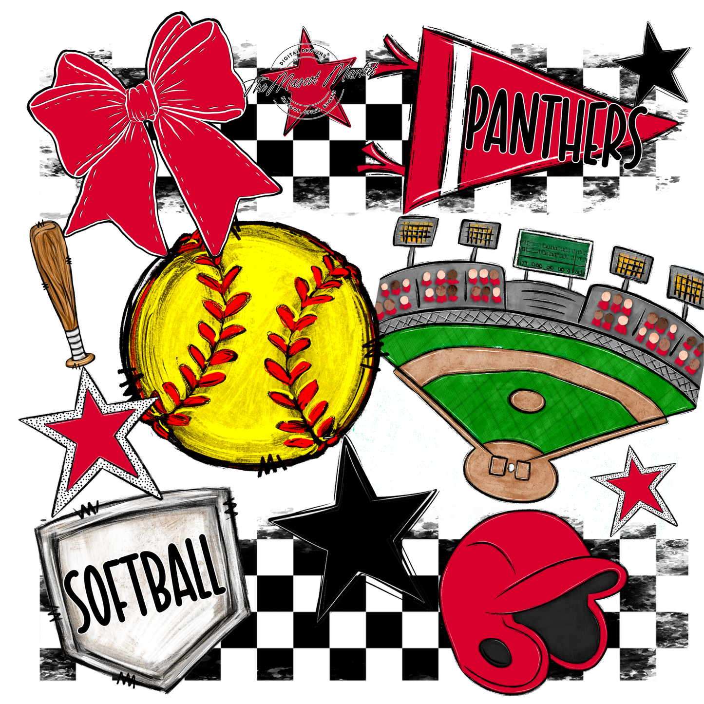 Panthers Checkers Softball Spirit Design-Red