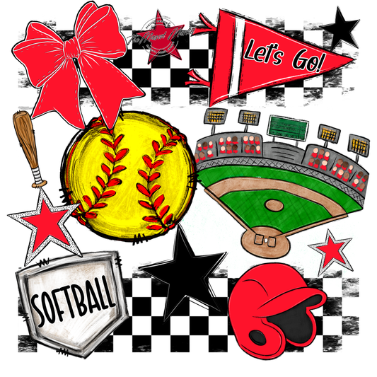 Softball Checkers Spirit Design-Bright Red