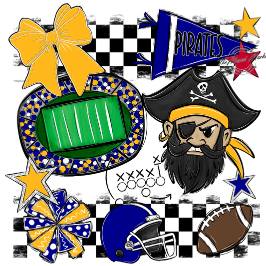 Pirates Checkers Mascot Spirit Design-Blue-Yellow