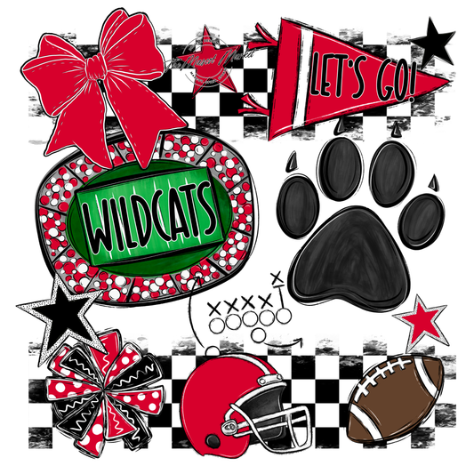 Wildcats Checkers Mascot Spirit Design w Paw-Red