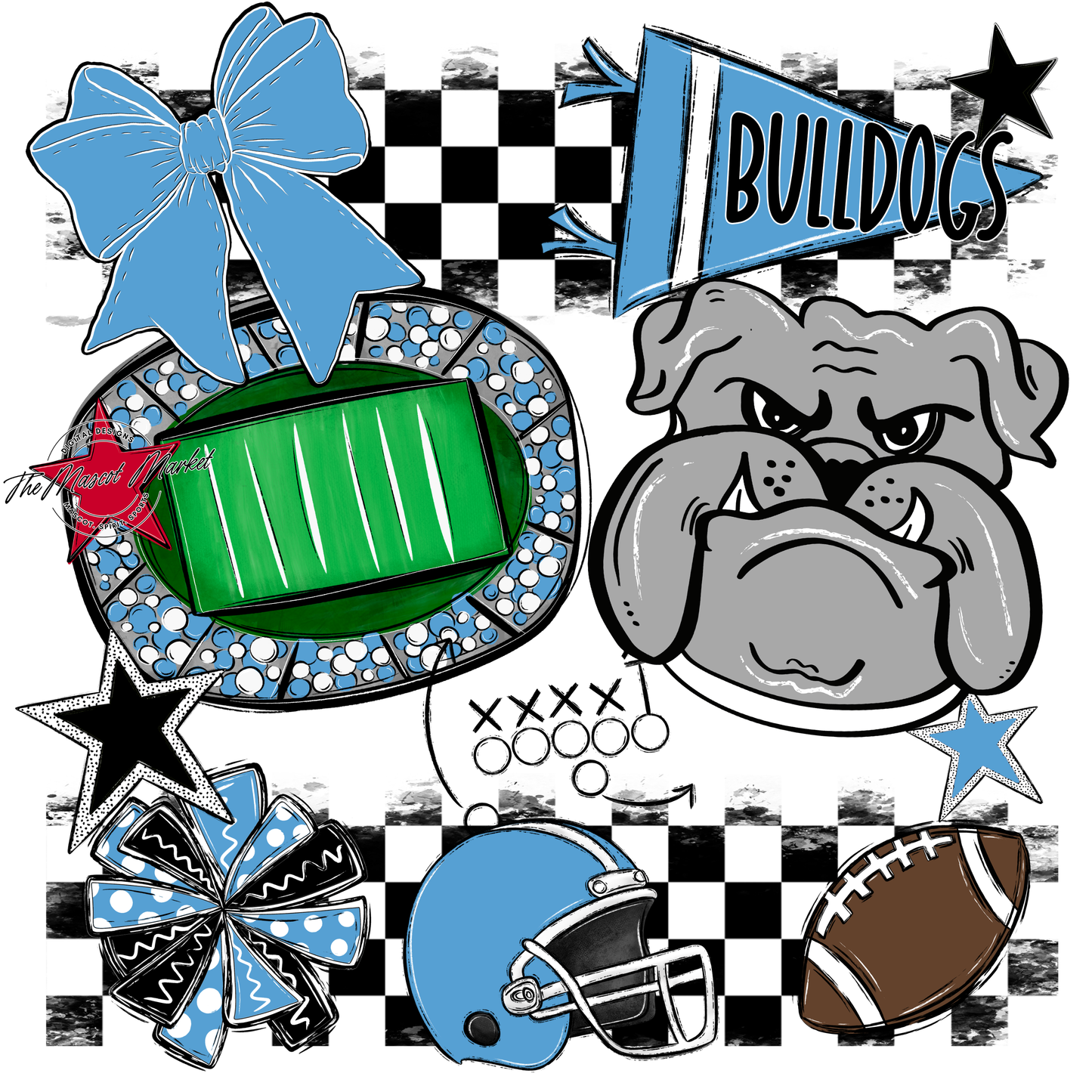 Bulldogs Checkers Mascot Spirit Design-Carolina Blue