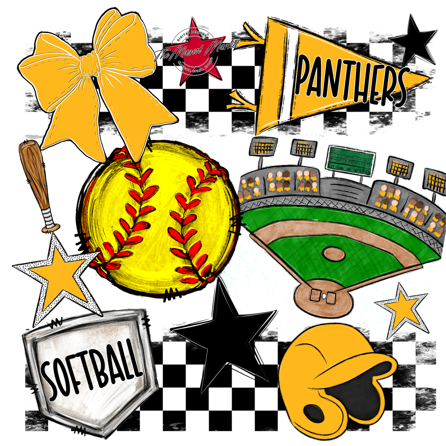 Panthers Checkers Softball Spirit Design-Yellow