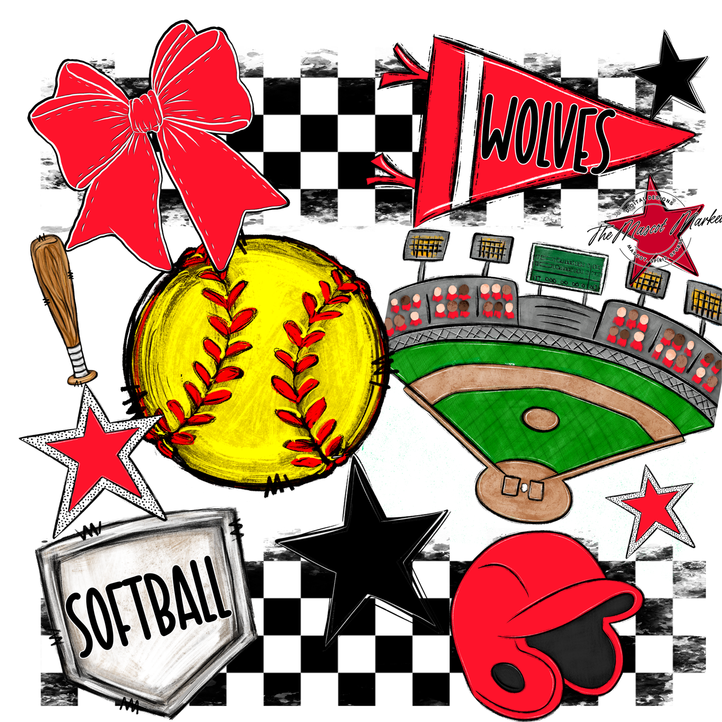 Wolves Checkers Softball Spirit Design-Bright Red