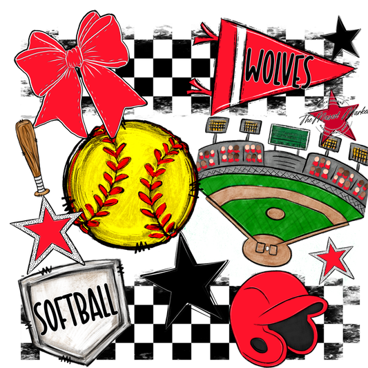 Wolves Checkers Softball Spirit Design-Bright Red