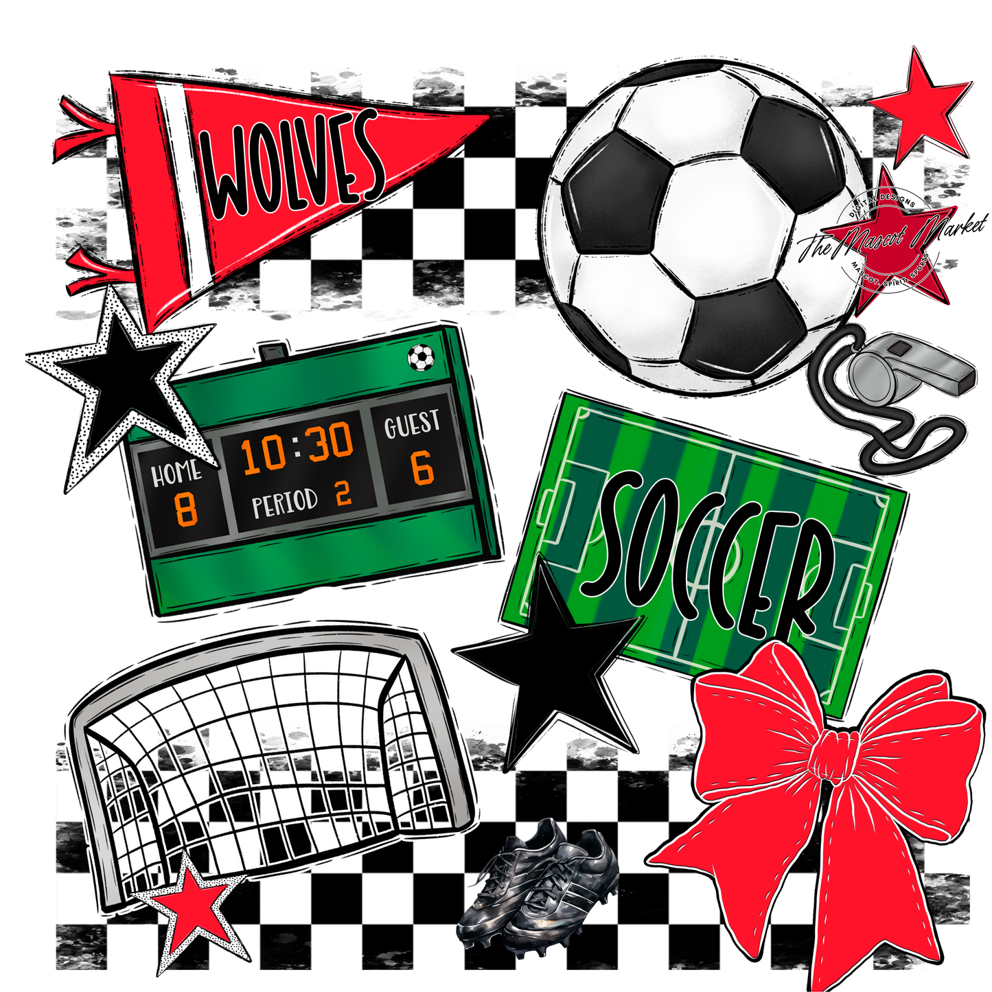 Wolves Checkers Soccer Spirit Design-Bright Red