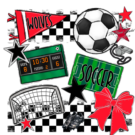 Wolves Checkers Soccer Spirit Design-Bright Red