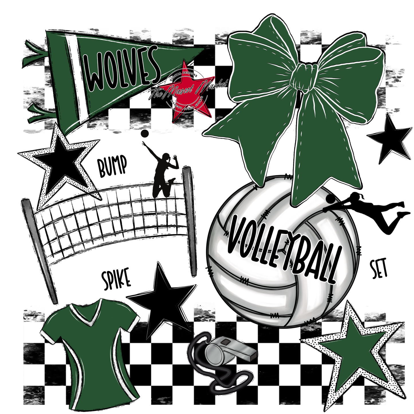 Wolves Checkers Volleyball Spirit Design-Green