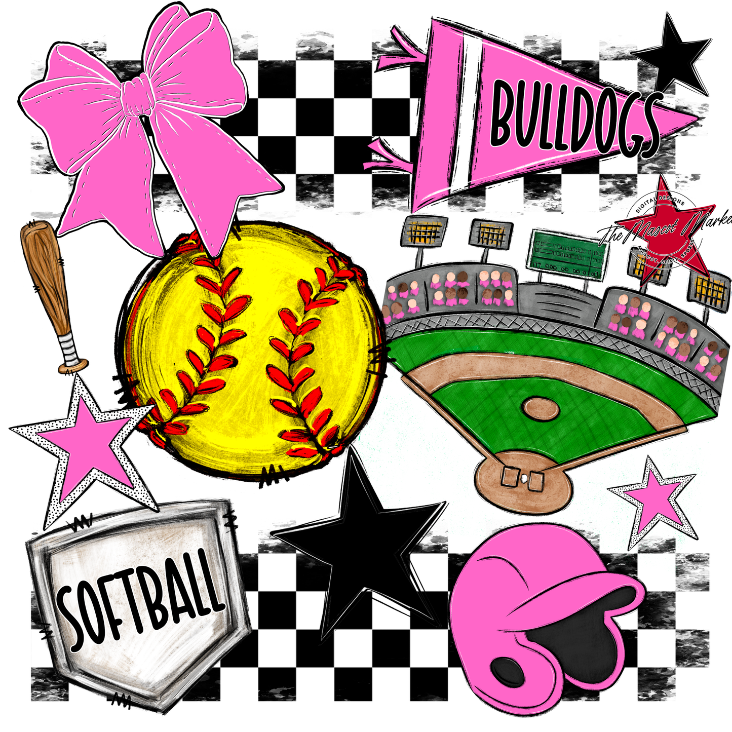 Bulldogs Checkers Softball Spirit Design-Baby Pink