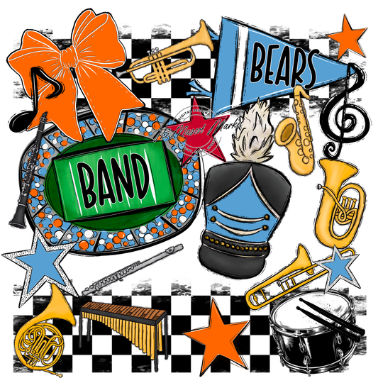 Bears Band Checkers Design-Carolina Blue-Orange