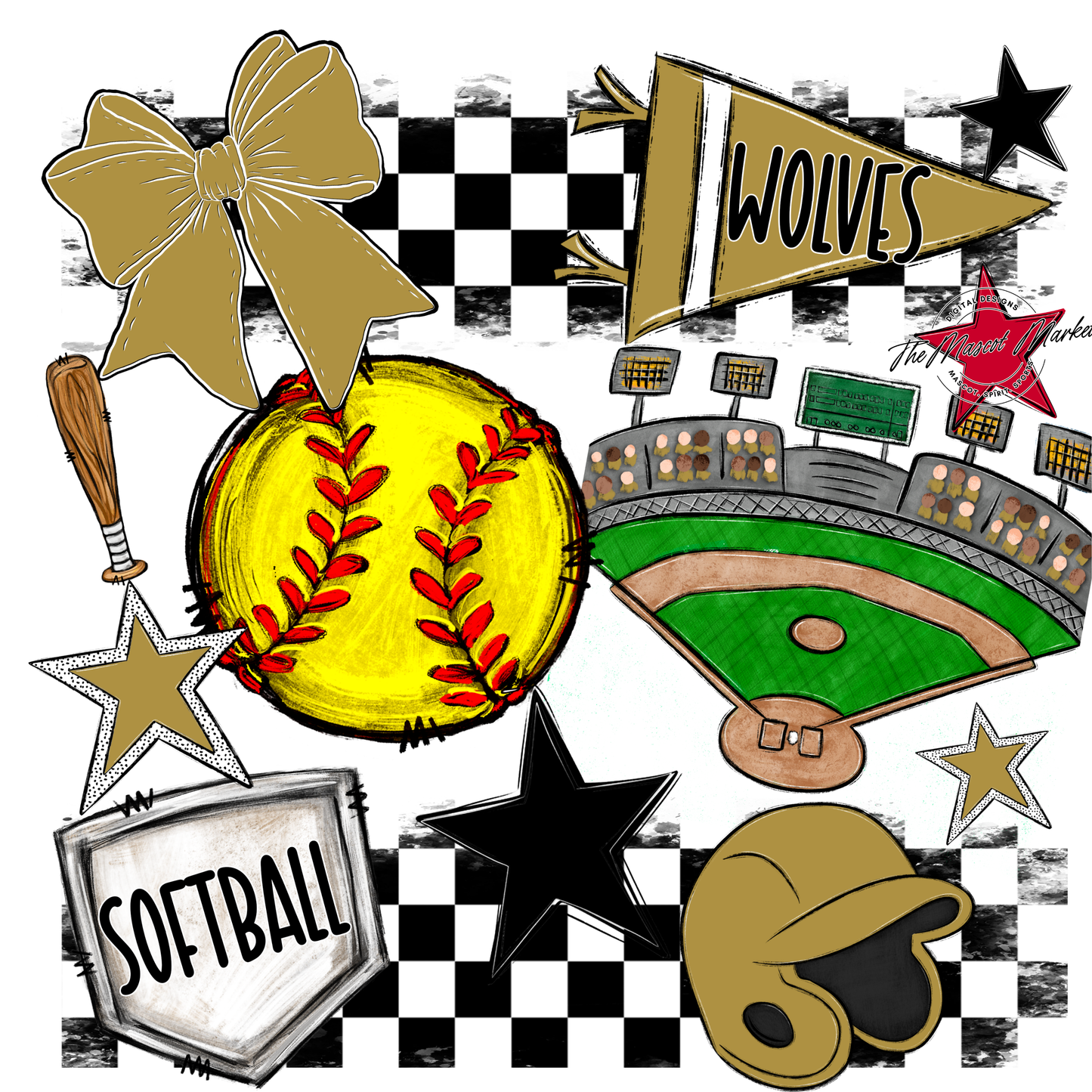 Wolves Checkers Softball Spirit Design-Gold