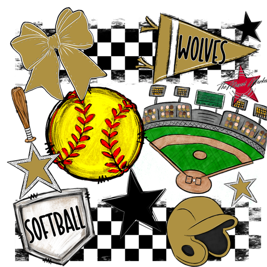 Wolves Checkers Softball Spirit Design-Gold