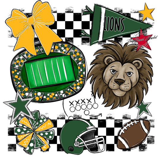 Lions Checkers Mascot Spirit Design-Green-Yellow