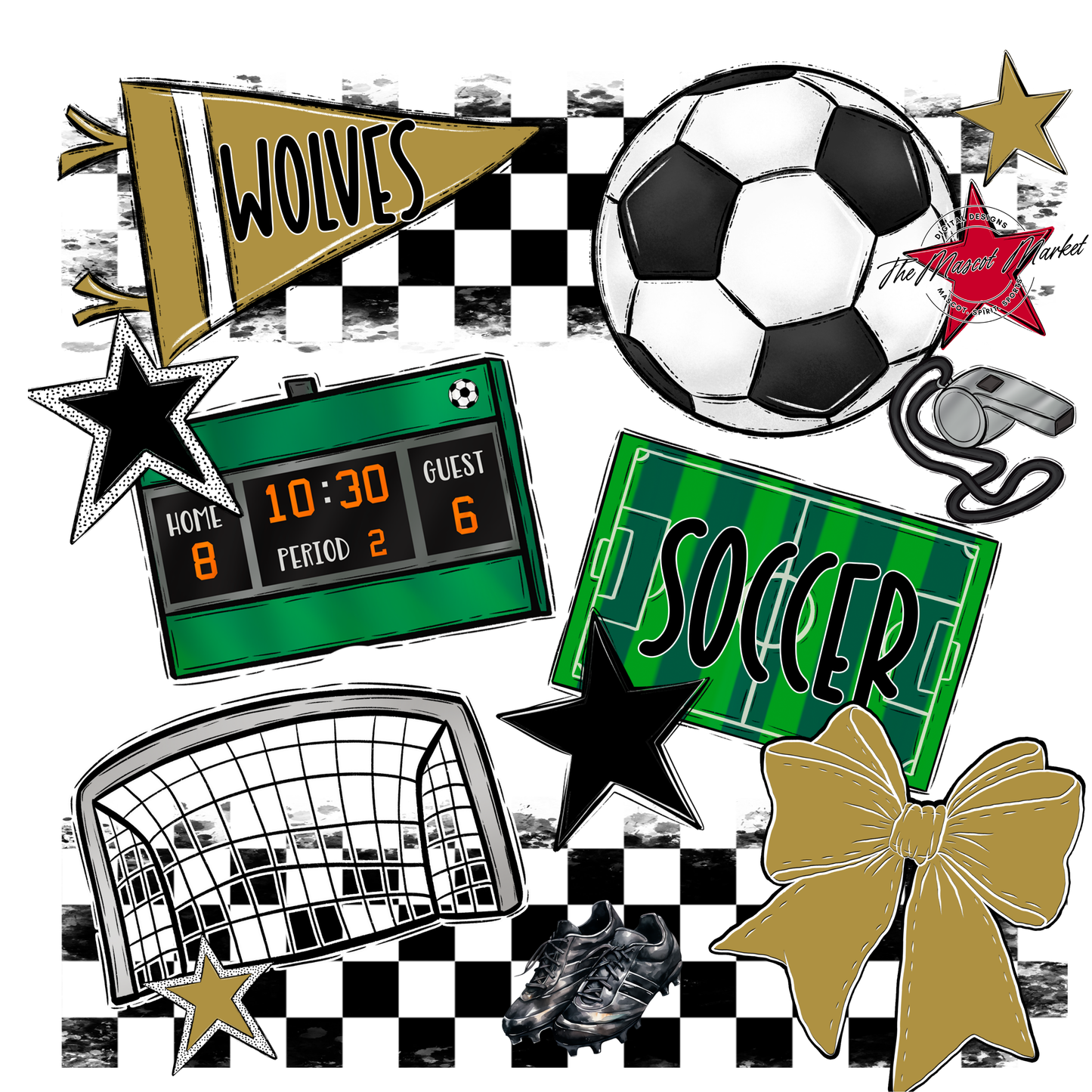 Wolves Checkers Soccer Spirit Design-Gold