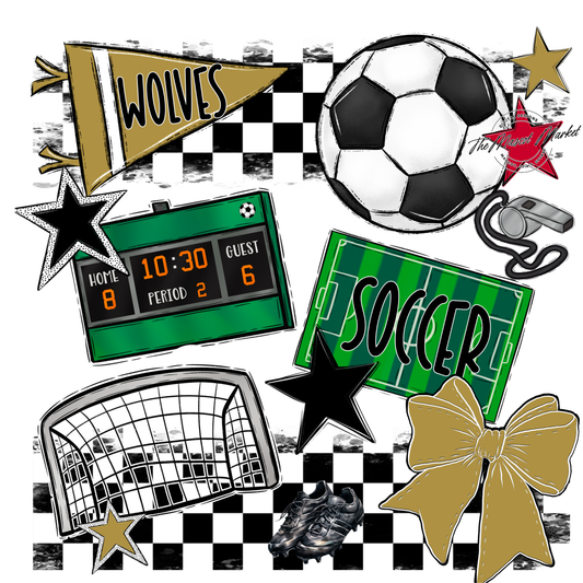 Wolves Checkers Soccer Spirit Design-Gold
