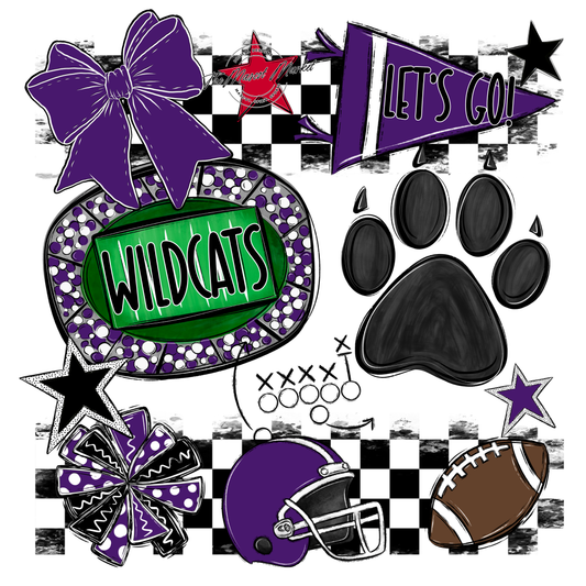 Wildcats Checkers Mascot Spirit Design w Paw-Purple