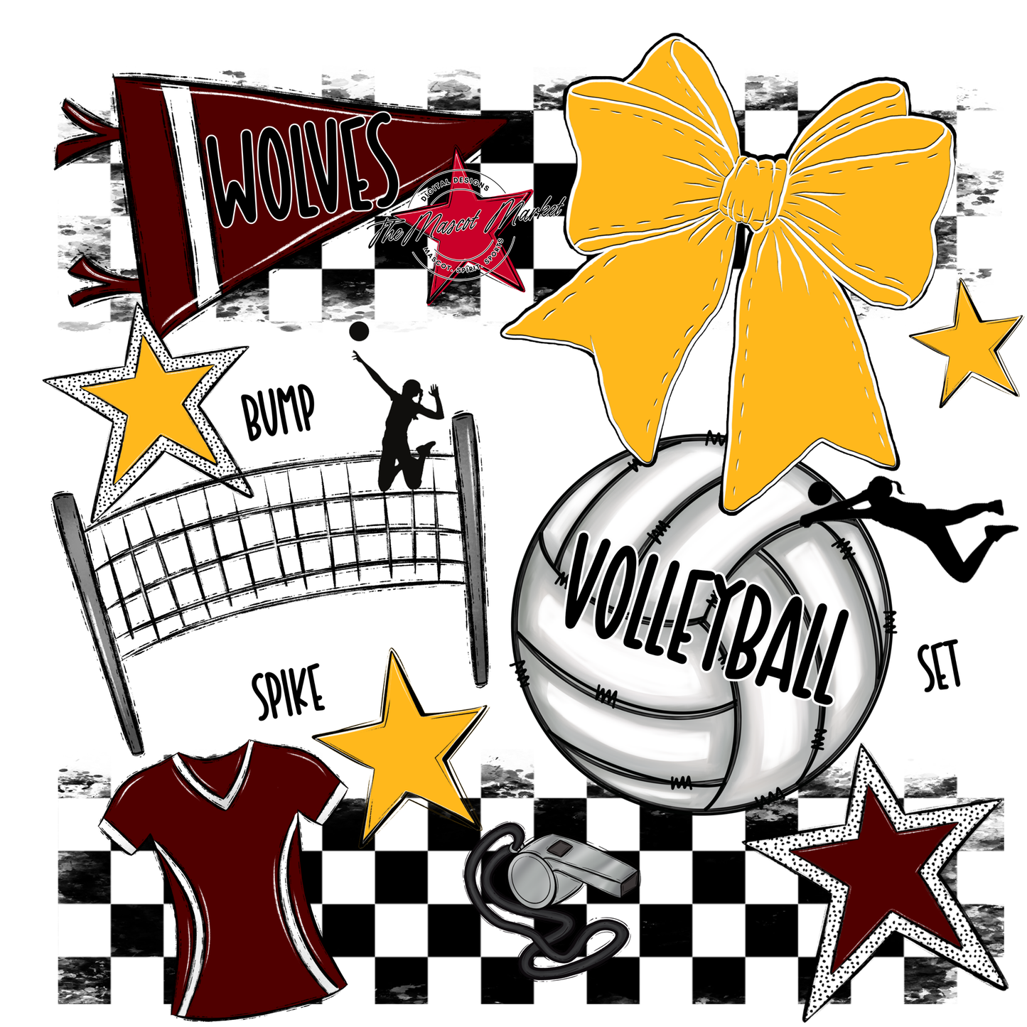 Wolves Checkers Volleyball Spirit Design-Maroon-Yellow