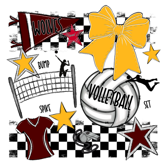 Wolves Checkers Volleyball Spirit Design-Maroon-Yellow