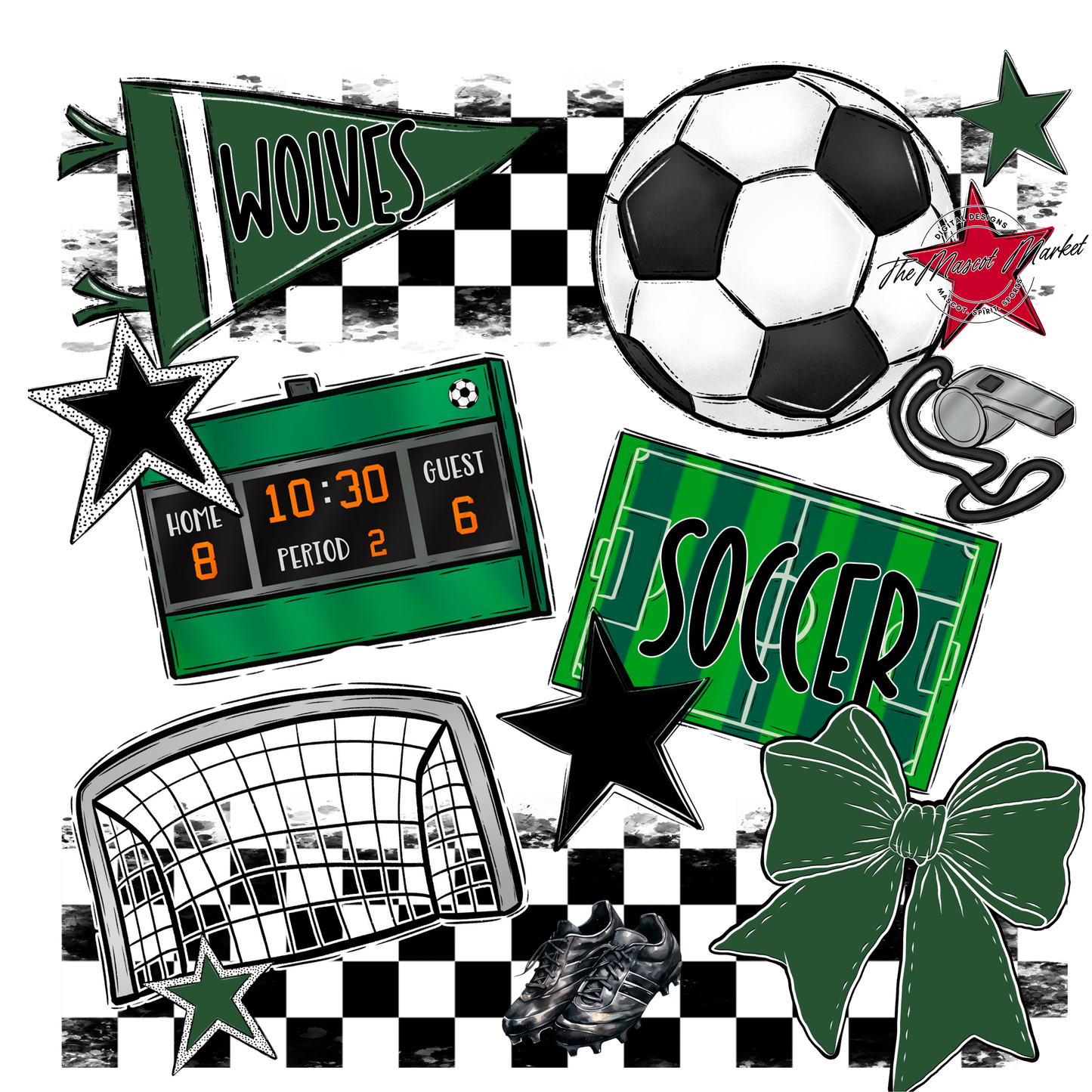 Wolves Checkers Soccer Spirit Design-Green
