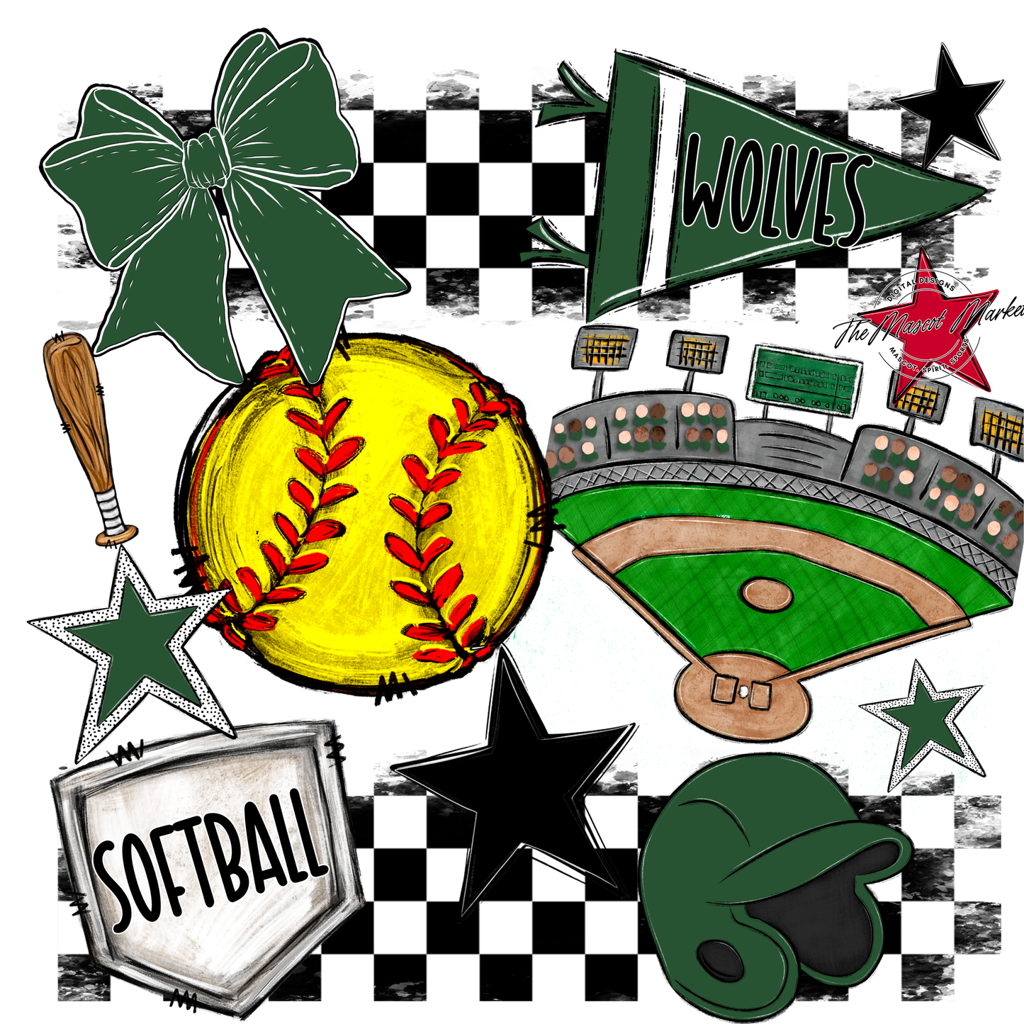 Wolves Checkers Softball Spirit Design-Green