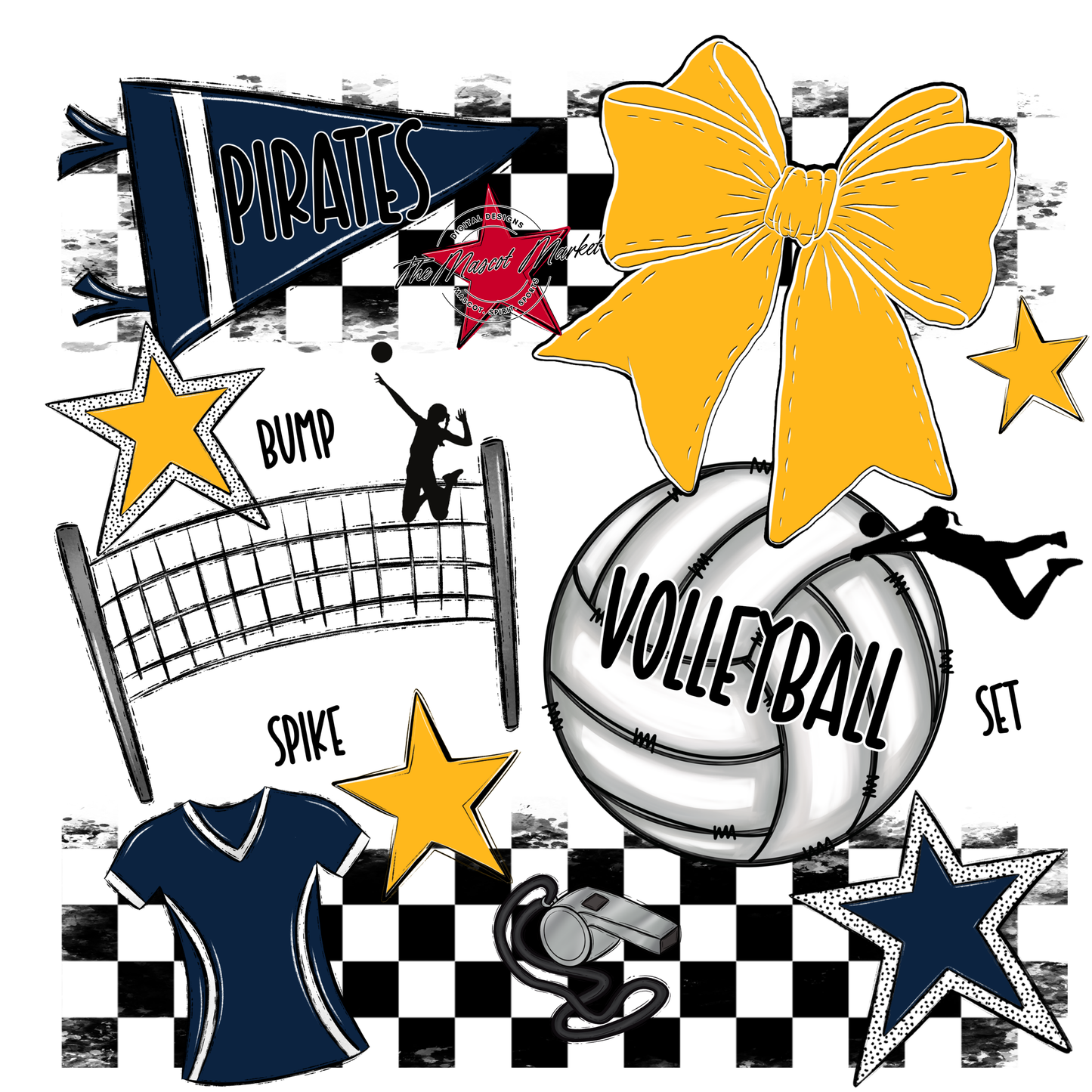 Pirates Checkers Volleyball Spirit Design-Navy-Yellow