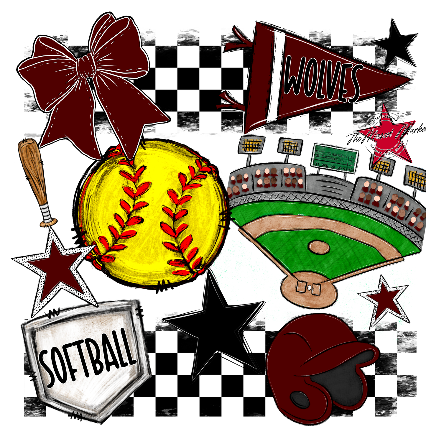 Wolves Checkers Softball Spirit Design-Maroon