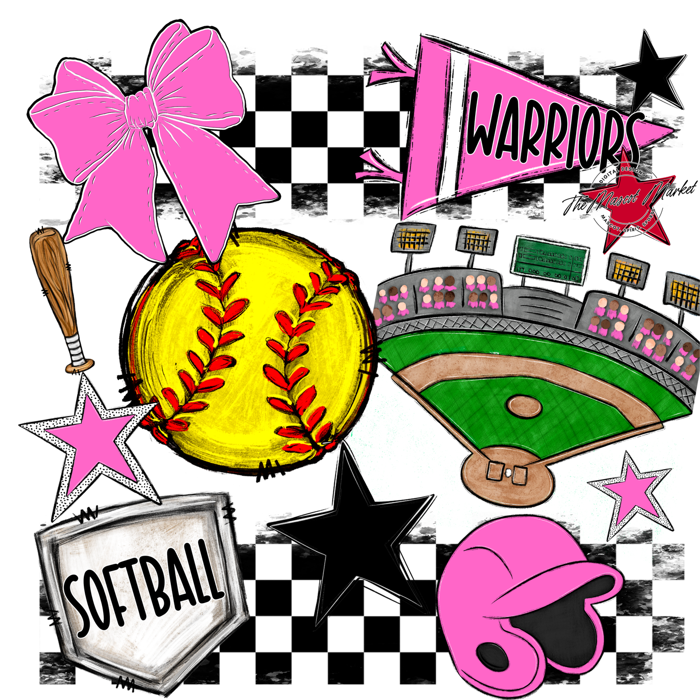 Warriors Checkers Softball Spirit Design-Baby Pink