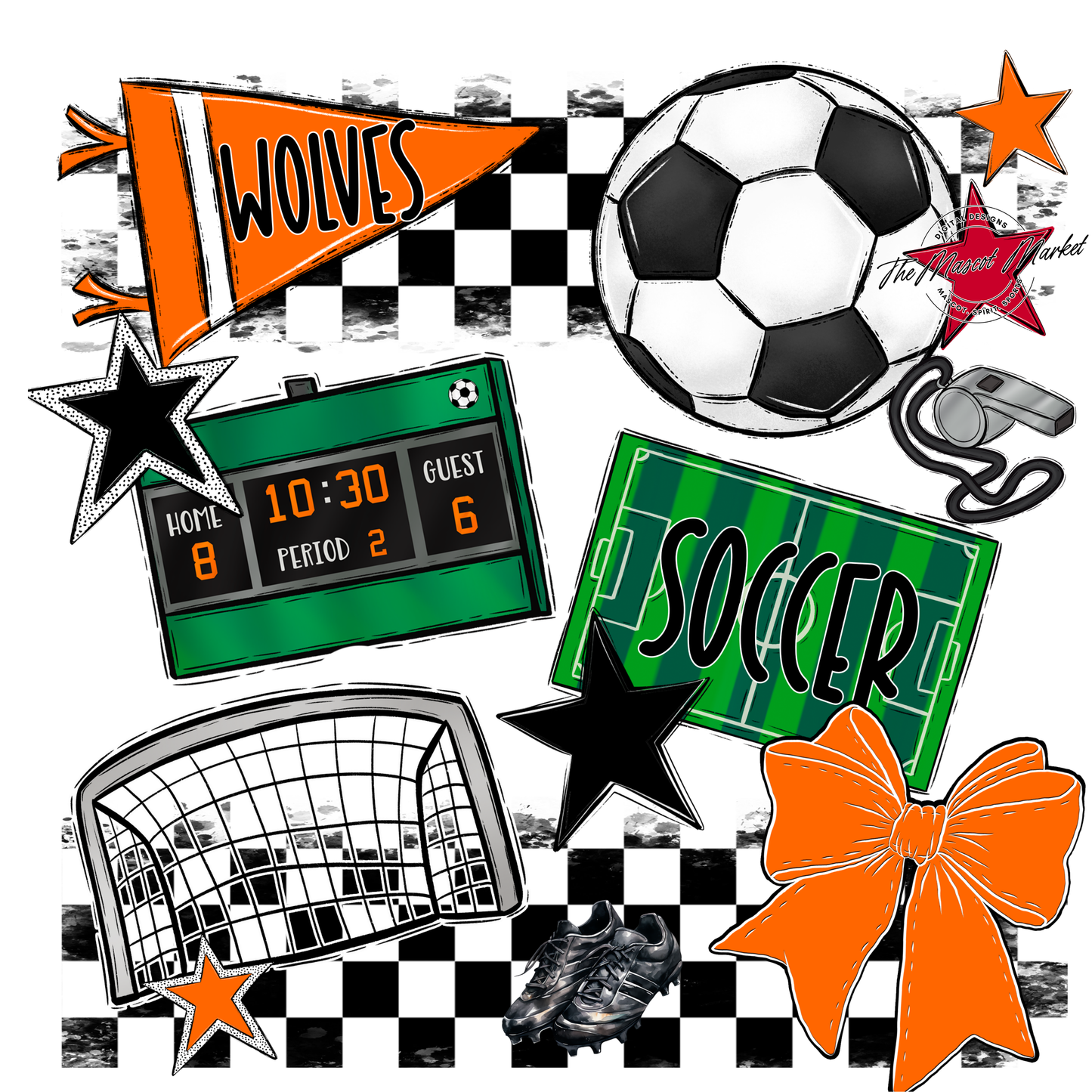 Wolves Checkers Soccer Spirit Design-Orange
